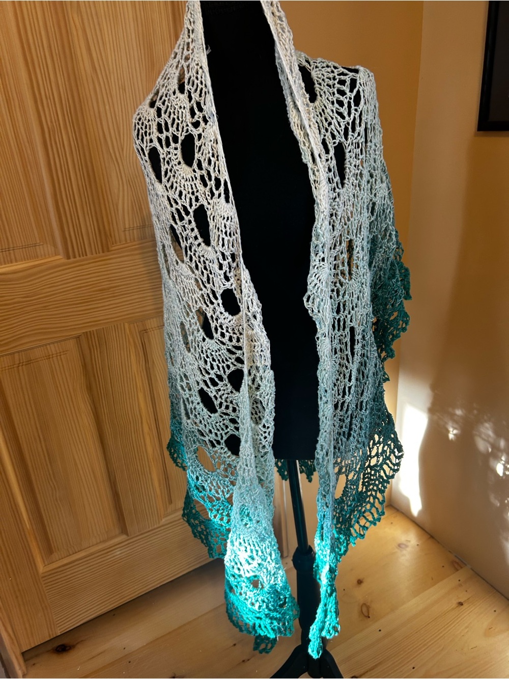 Handmade Gradient Crochet Shawl in White and Teal